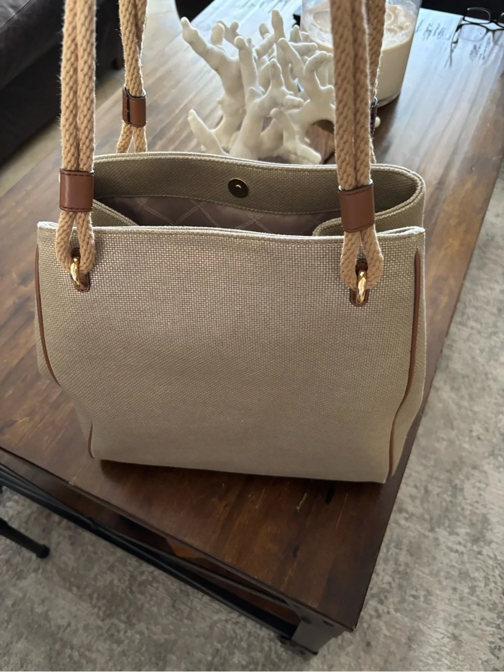 Michael Kors Beige Canvas Shoulder Bag with Brown Trim and Rope Handles